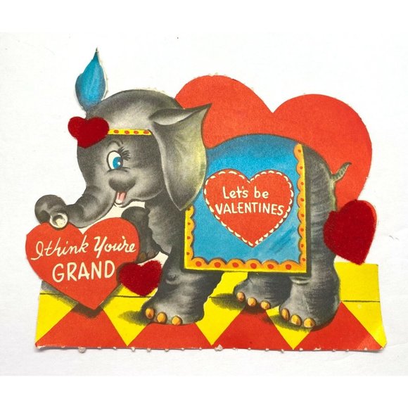 Valentines Day Vintage Greeting Card Circus Elephant Hearts Flocked 40s - Picture 6 of 6